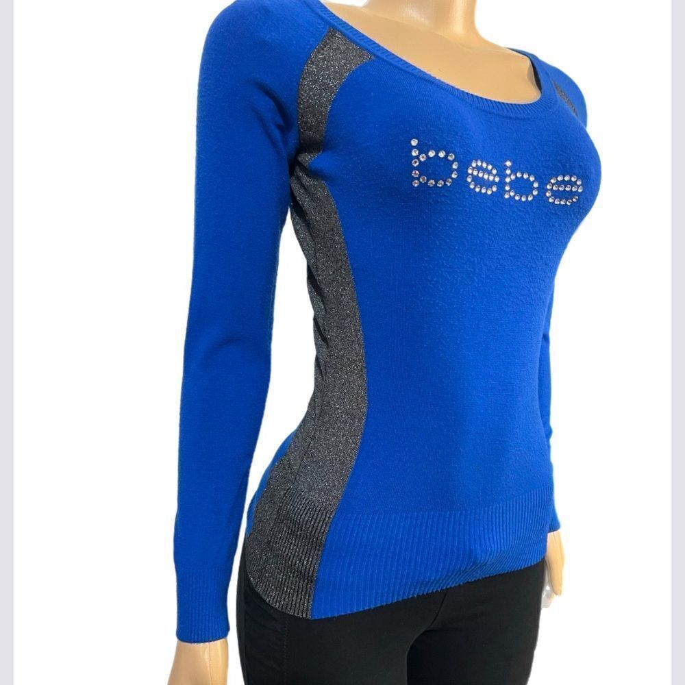 Bebe Rhinestone logo long sleeve Sweater blue with metallic gray Medium